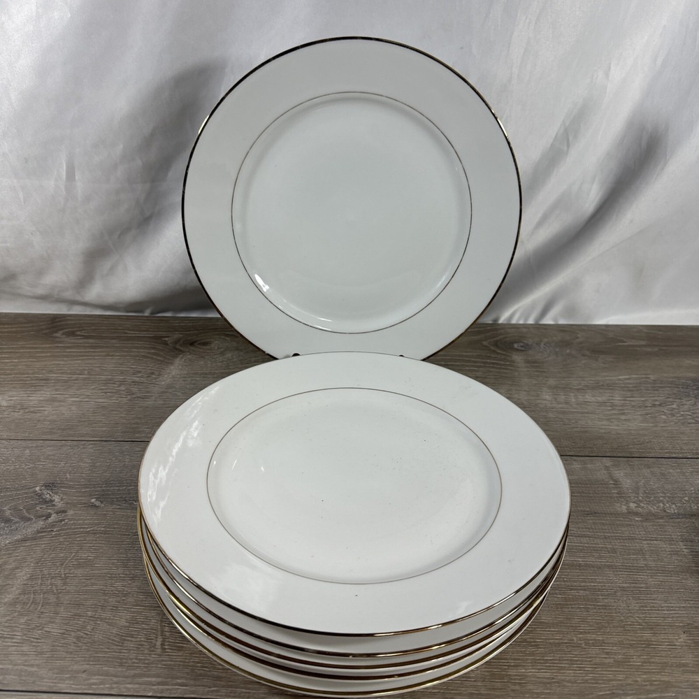 6 JC PENNEY Home Collection 10 3/4" Dinner Plates In A White Gold Rim Pattern